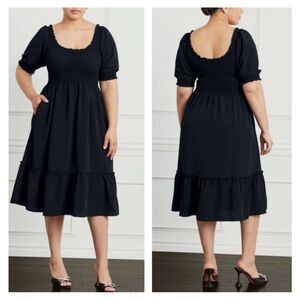 Hill House Black Crepe Cotton Smocked The Louisa Nap Midi Dress Size XXL Chic